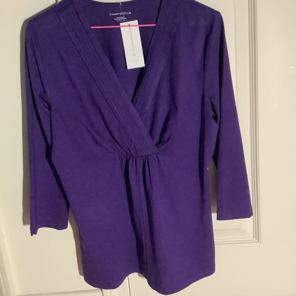 New with tags, purple v-neck top by Charter Club. Size M